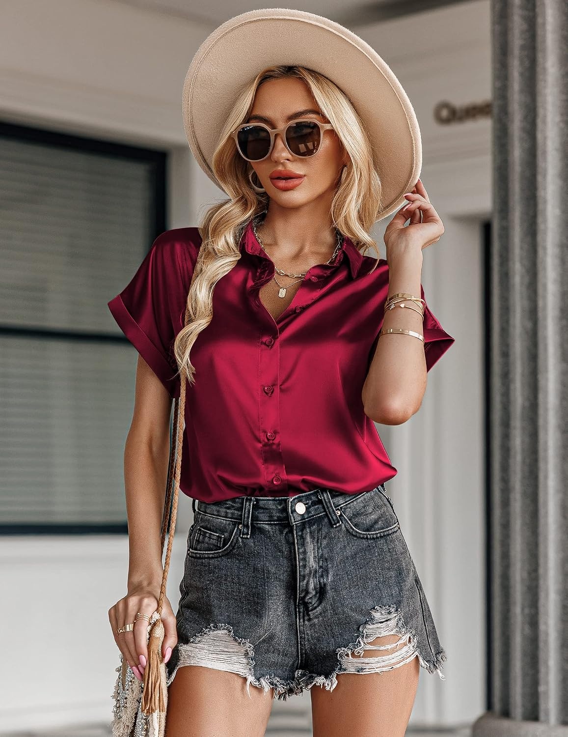 image:imageZeagoo Satin Blouses for Women Silk Button Down Shirts Short Sleeve Tops Work Business Casual Summer OutfitsWine Red