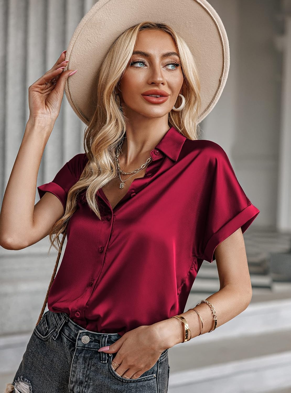 image:imageZeagoo Satin Blouses for Women Silk Button Down Shirts Short Sleeve Tops Work Business Casual Summer OutfitsWine Red