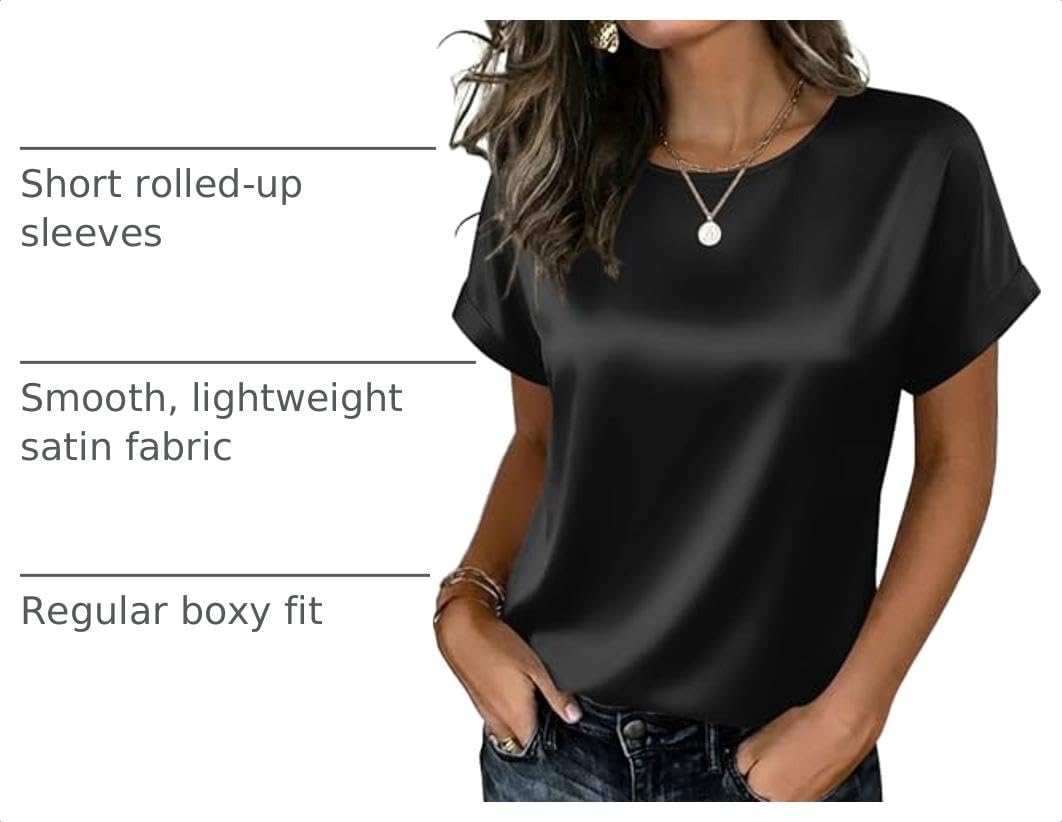 image:imageZeagoo Satin Silk Blouses Short Sleeve Crewneck Top for Women Dressy CasualBlack