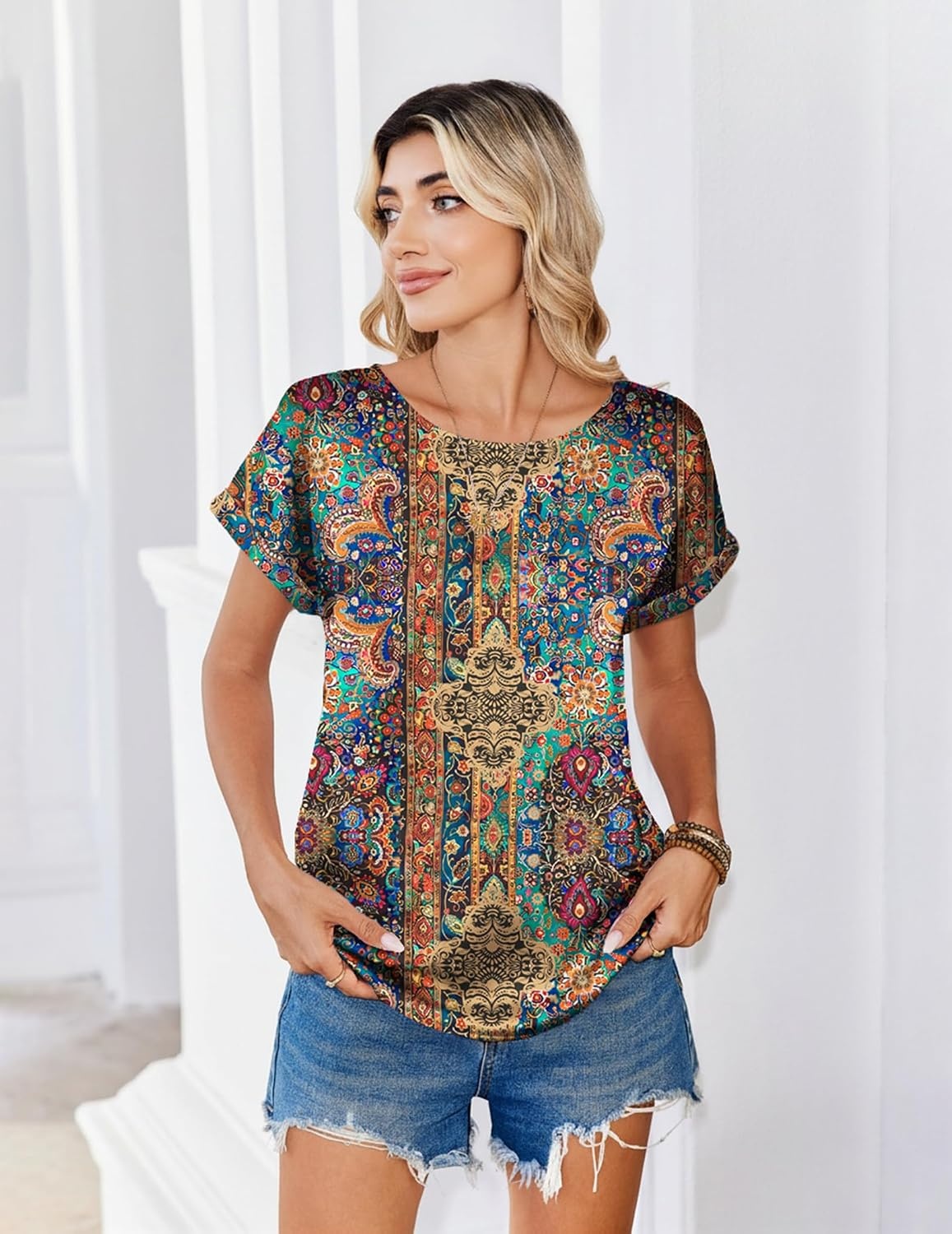 image:imageZeagoo Satin Silk Blouses Short Sleeve Crewneck Top for Women Dressy CasualBobo Multicolor 721