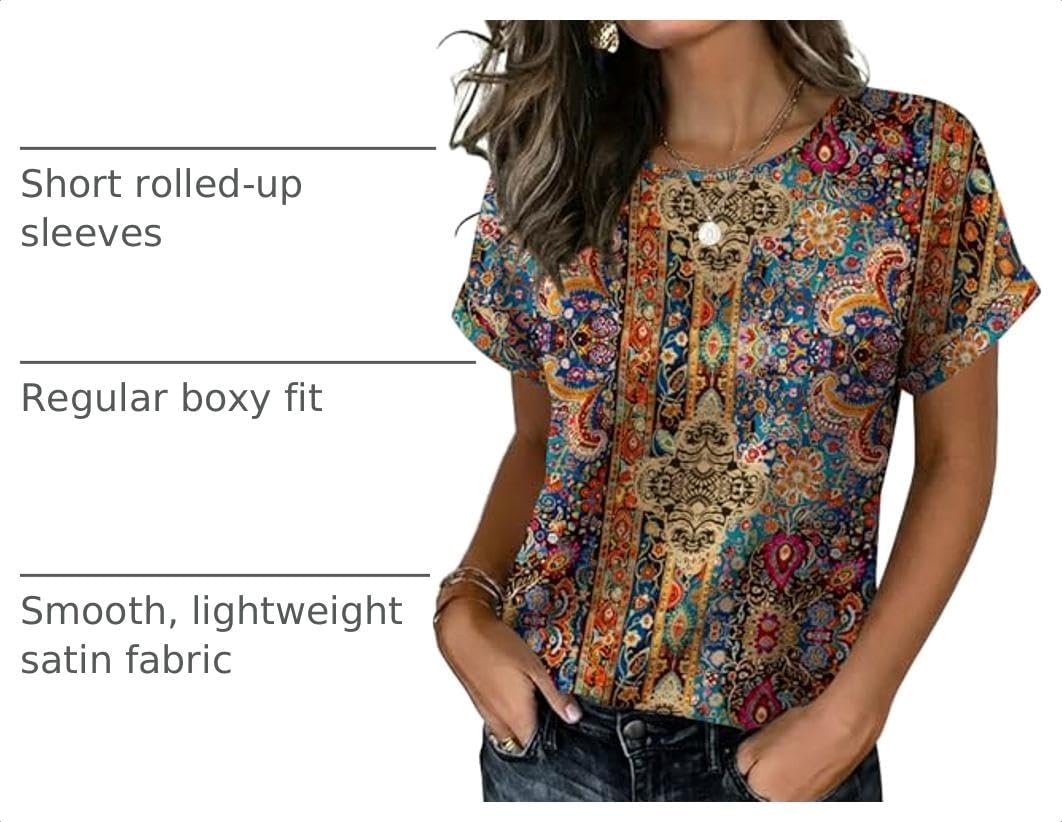 image:imageZeagoo Satin Silk Blouses Short Sleeve Crewneck Top for Women Dressy CasualBobo Multicolor 721