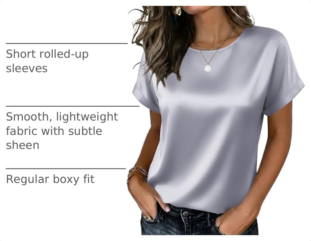 image:imageZeagoo Satin Silk Blouses Short Sleeve Crewneck Top for Women Dressy CasualLight Grey