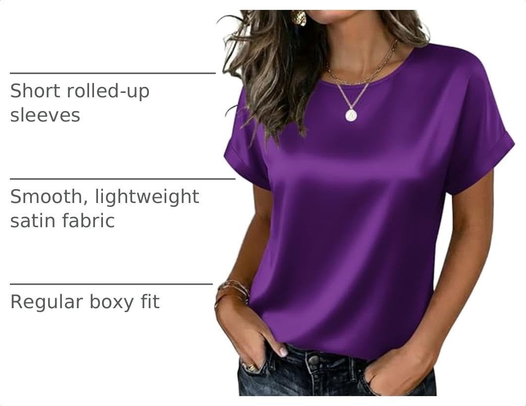 image:imageZeagoo Satin Silk Blouses Short Sleeve Crewneck Top for Women Dressy CasualPurple
