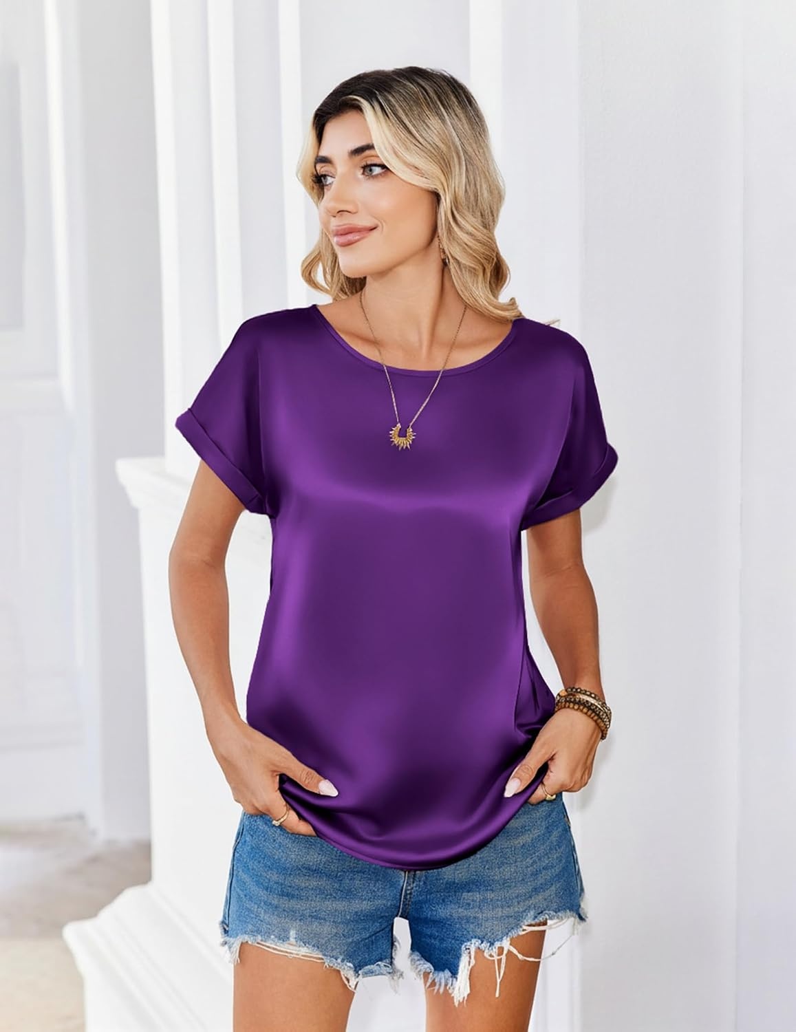 image:imageZeagoo Satin Silk Blouses Short Sleeve Crewneck Top for Women Dressy CasualPurple