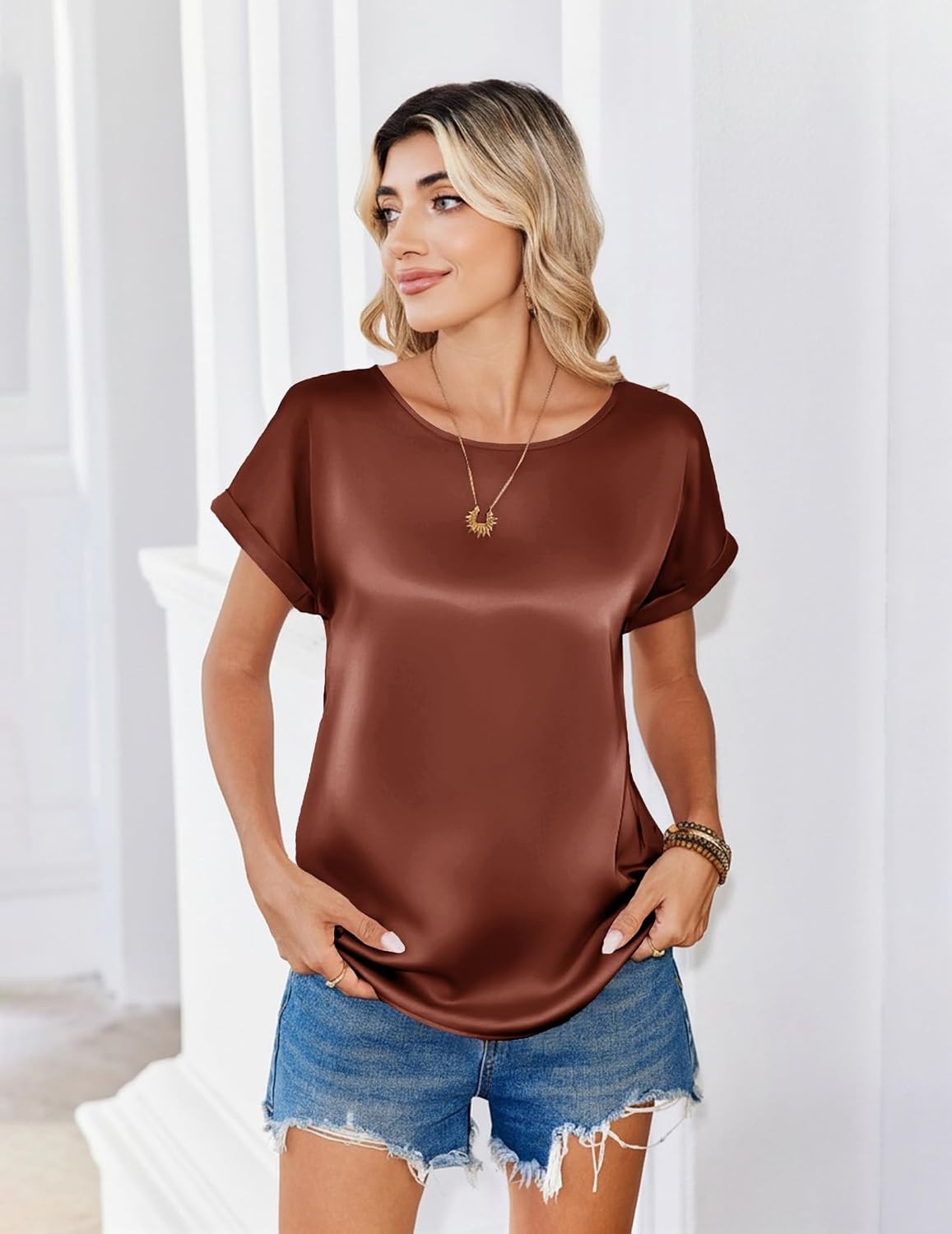 image:imageZeagoo Satin Silk Blouses Short Sleeve Crewneck Top for Women Dressy CasualTerracotta
