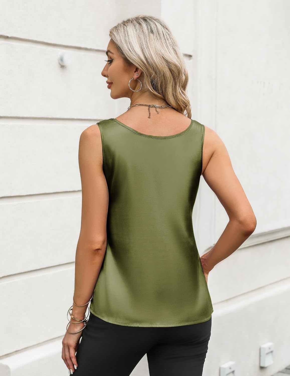 image:imageZeagoo Silk Satin Tank Tops for Women Scoop Neck Sleeveless Camisole TopsArmy Green