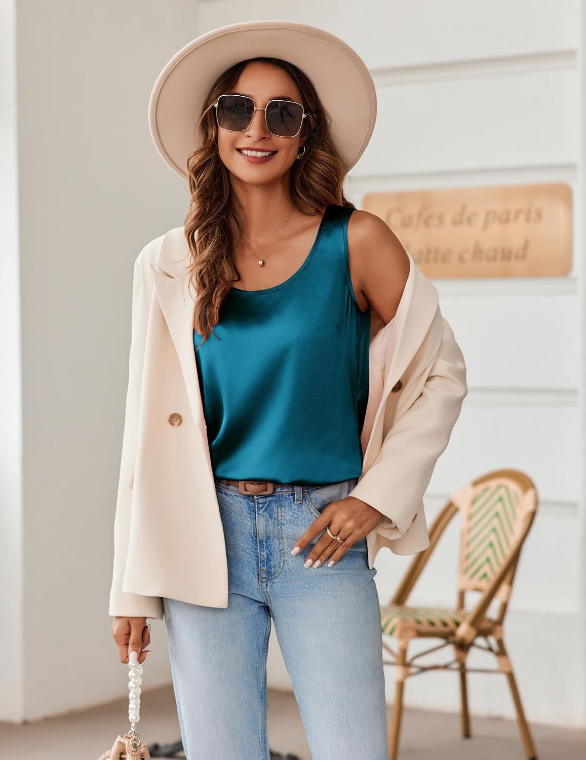 image:imageZeagoo Silk Satin Tank Tops for Women Scoop Neck Sleeveless Camisole TopsBlue Green