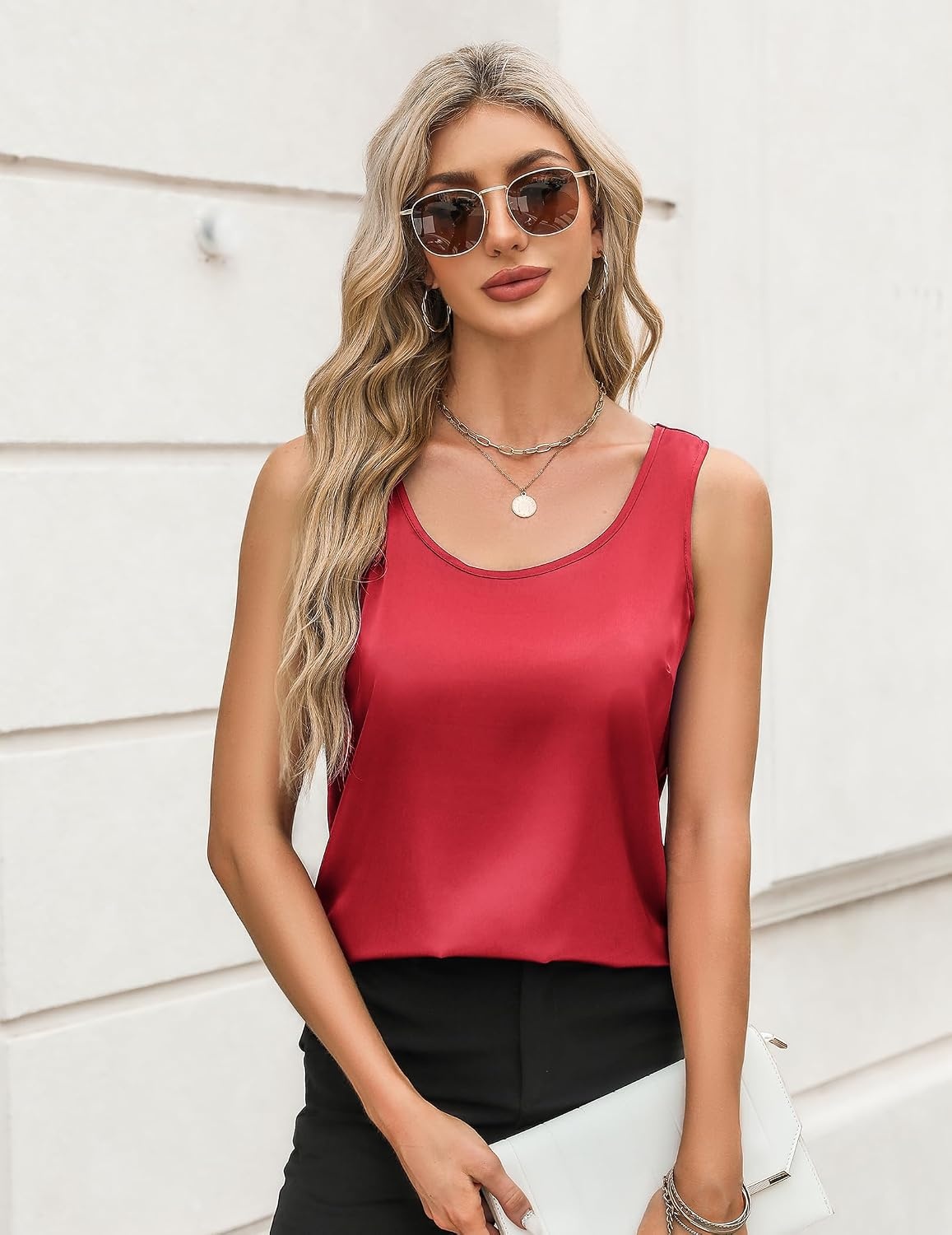 image:imageZeagoo Silk Satin Tank Tops for Women Scoop Neck Sleeveless Camisole TopsDeep Red
