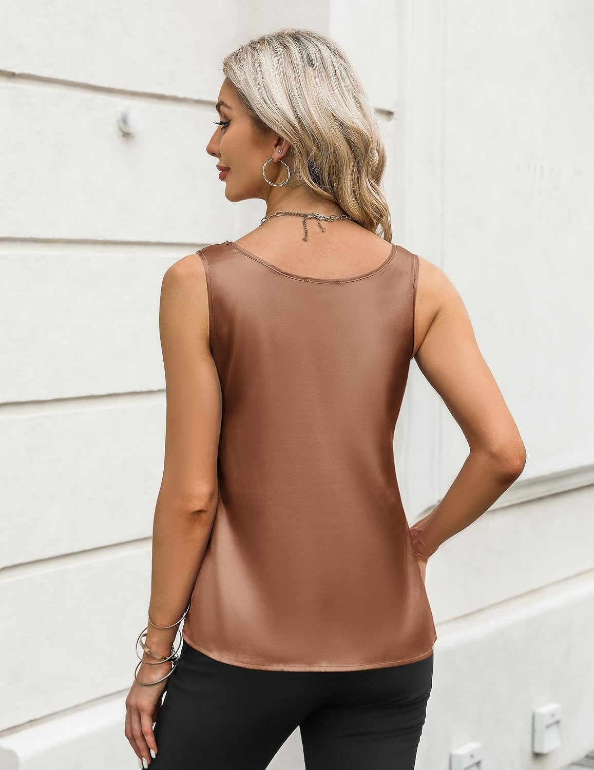 image:imageZeagoo Silk Satin Tank Tops for Women Scoop Neck Sleeveless Camisole TopsLight Brown