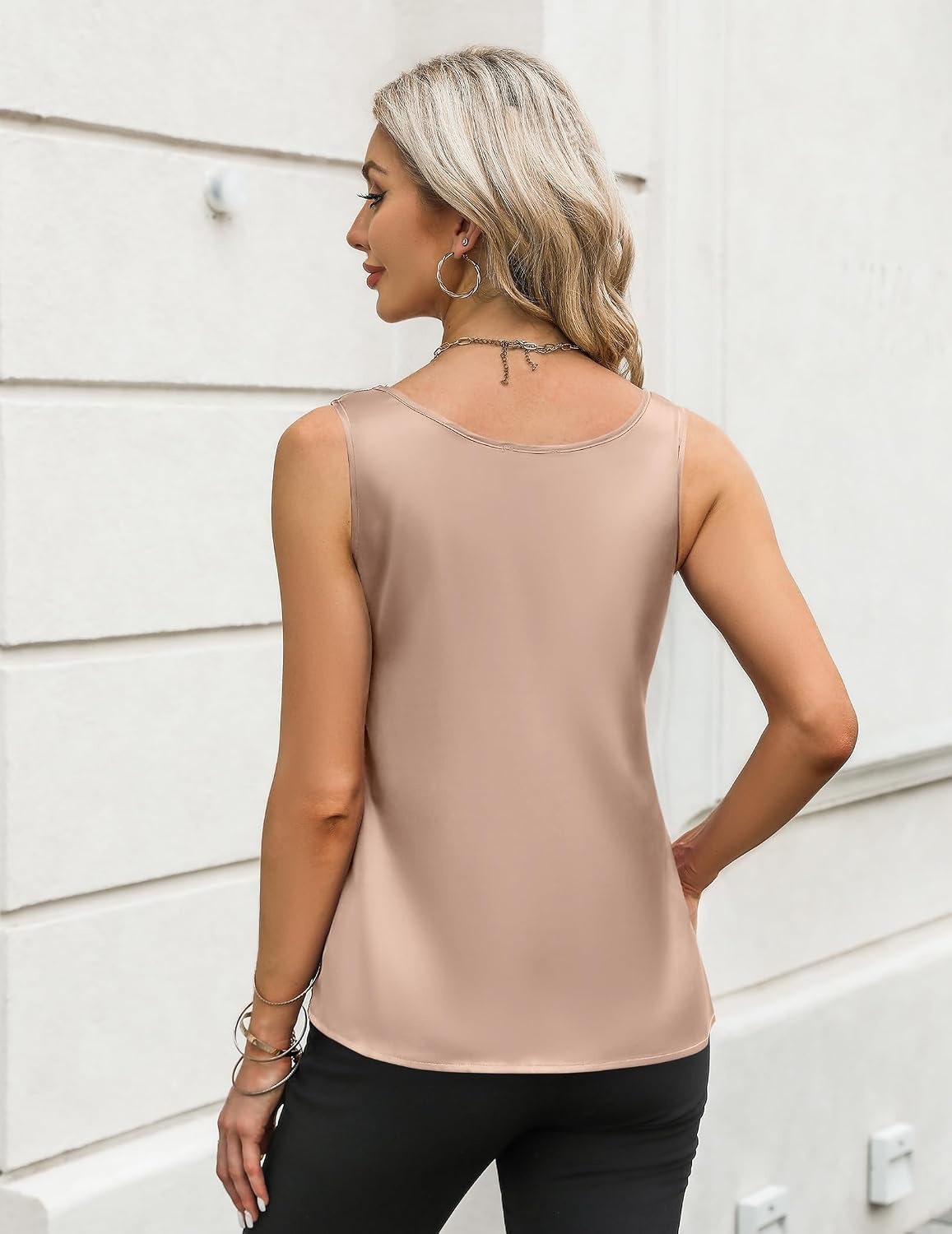 image:imageZeagoo Silk Satin Tank Tops for Women Scoop Neck Sleeveless Camisole TopsLight Khaki