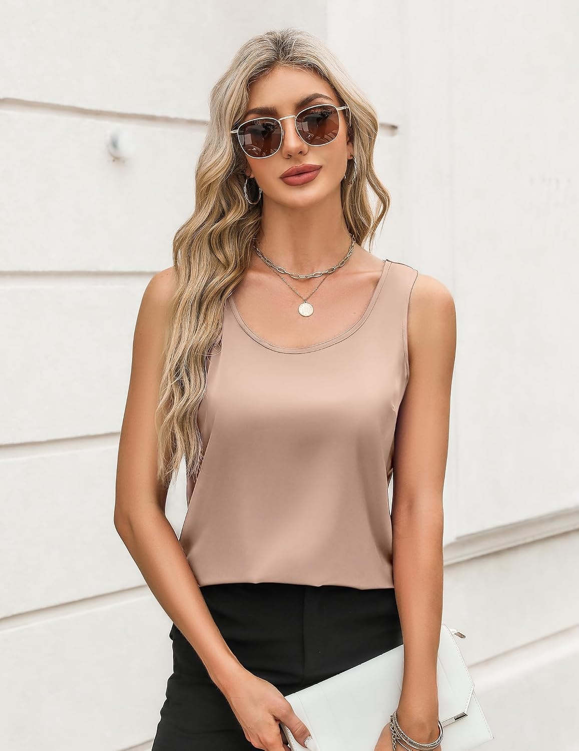 image:imageZeagoo Silk Satin Tank Tops for Women Scoop Neck Sleeveless Camisole TopsLight Khaki