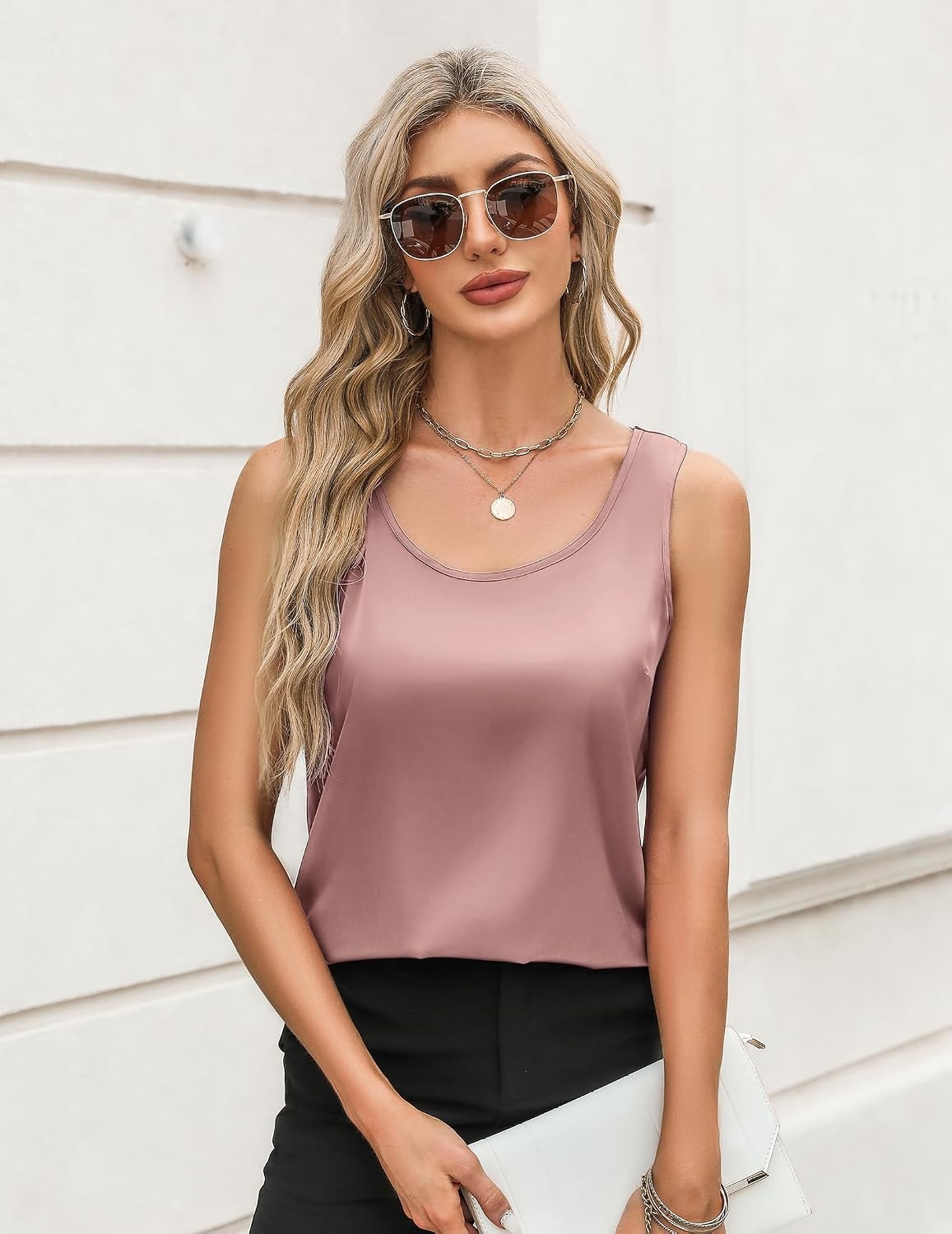 image:imageZeagoo Silk Satin Tank Tops for Women Scoop Neck Sleeveless Camisole TopsMauve Pink