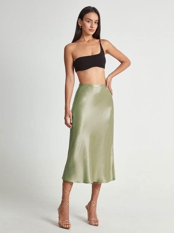 image:imageZeagoo Skirts for Women High Waist Skirt Elegant Midi Skirt SatinApple Green