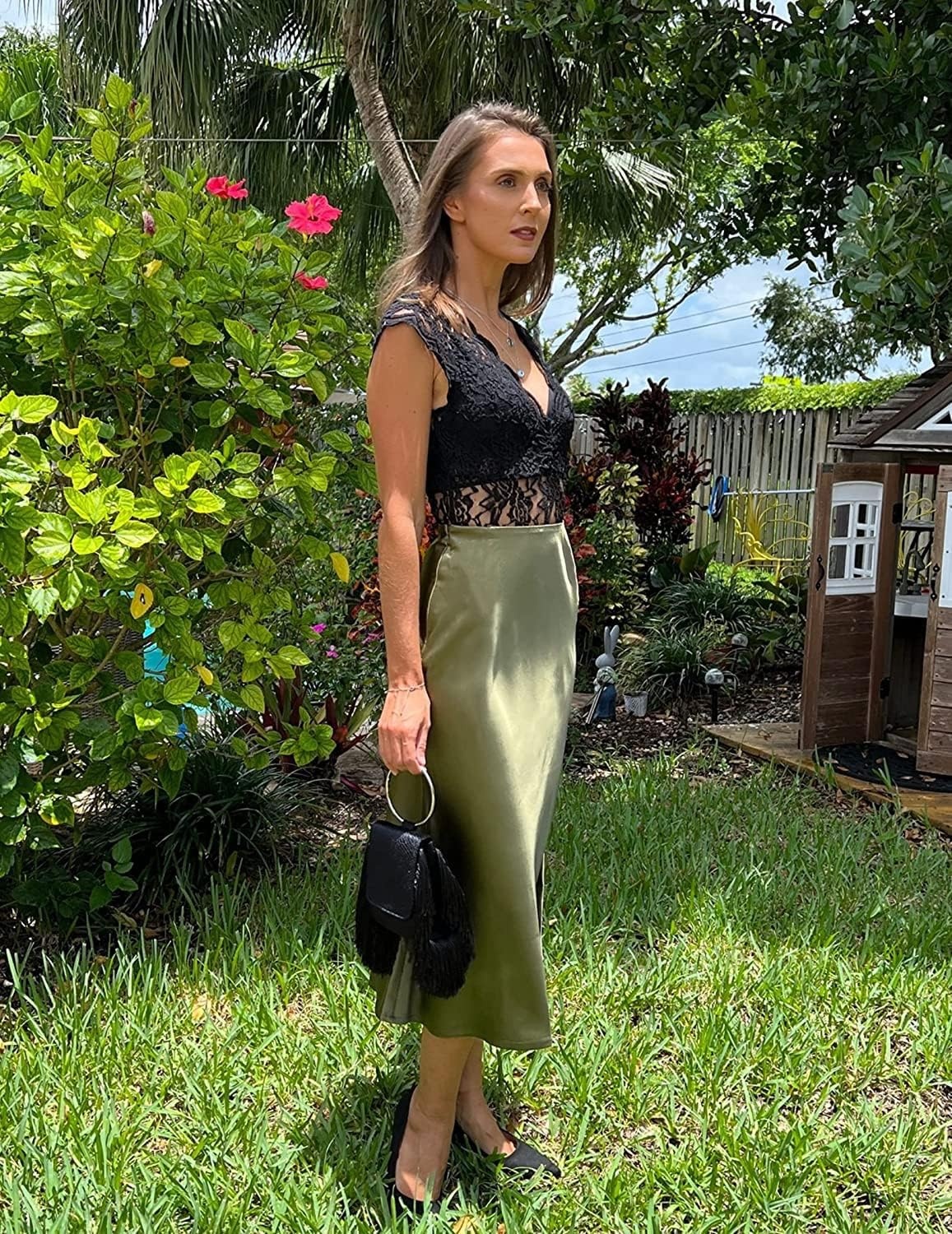 image:imageZeagoo Skirts for Women High Waist Skirt Elegant Midi Skirt SatinArmy Green