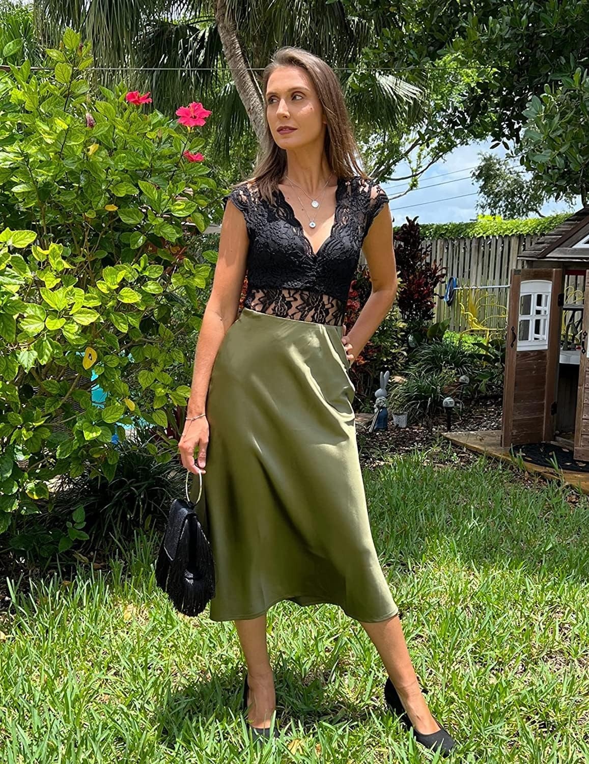 image:imageZeagoo Skirts for Women High Waist Skirt Elegant Midi Skirt SatinArmy Green