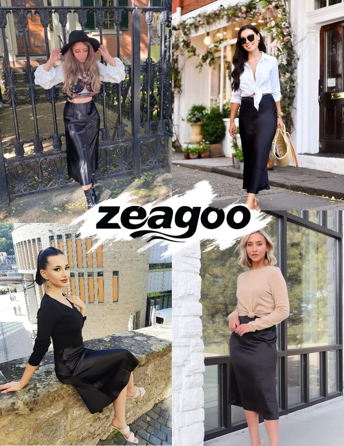 image:imageZeagoo Skirts for Women High Waist Skirt Elegant Midi Skirt SatinBlack