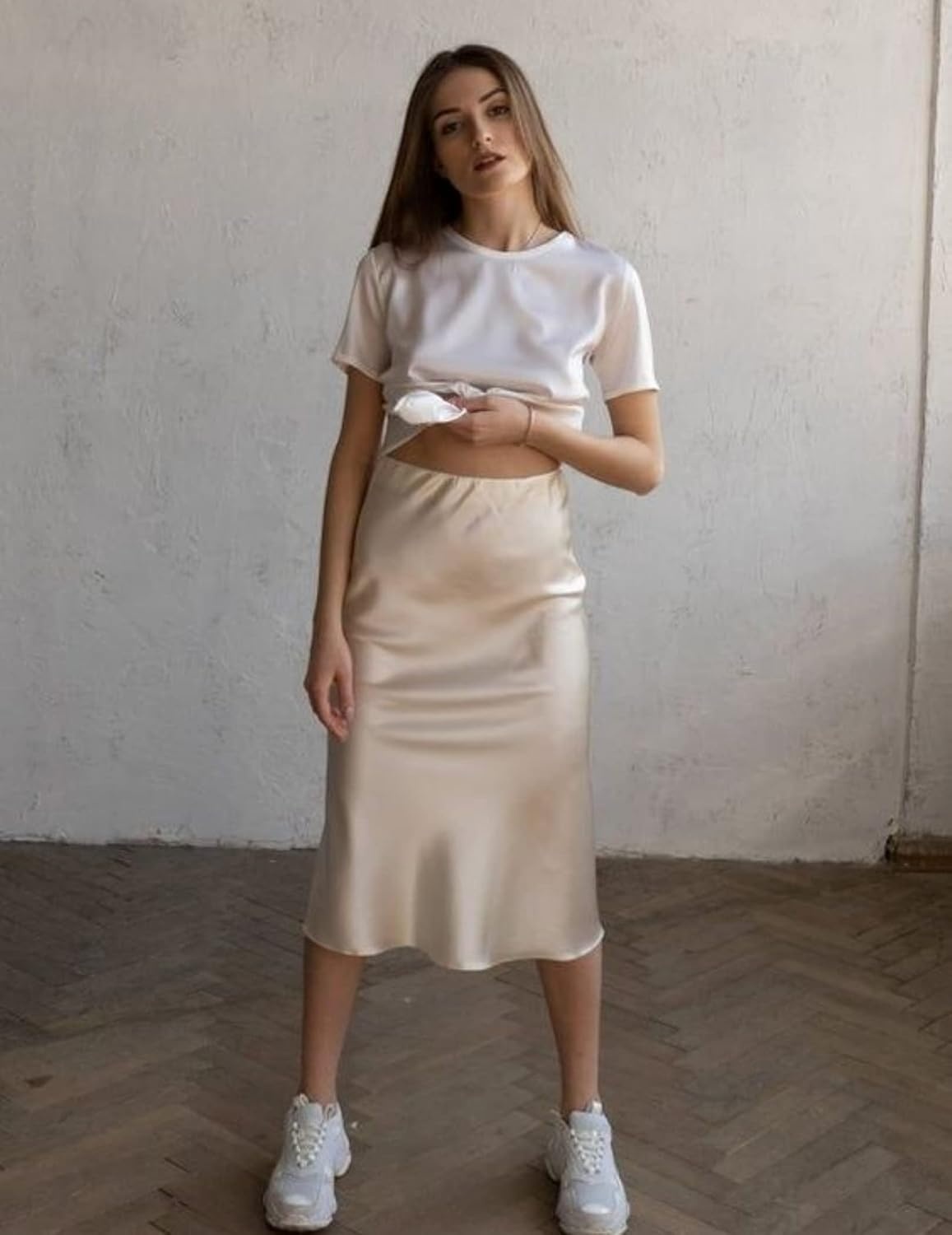 image:imageZeagoo Skirts for Women High Waist Skirt Elegant Midi Skirt SatinCracker Khaki