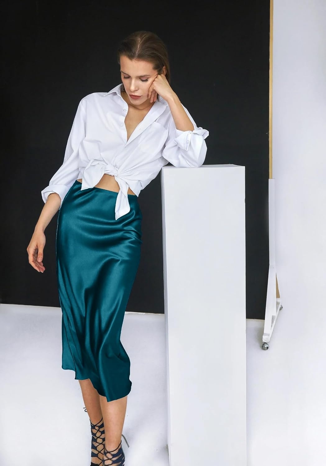 image:imageZeagoo Skirts for Women High Waist Skirt Elegant Midi Skirt SatinDark Blue