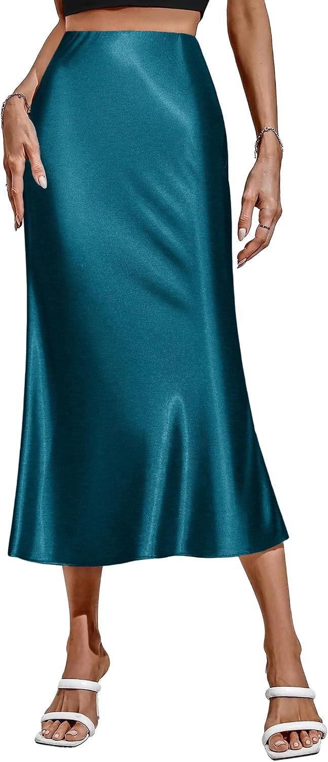 image:imageZeagoo Skirts for Women High Waist Skirt Elegant Midi Skirt SatinDark Blue