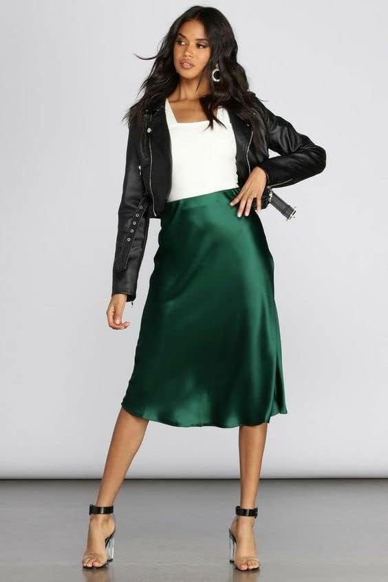 image:imageZeagoo Skirts for Women High Waist Skirt Elegant Midi Skirt SatinGreen