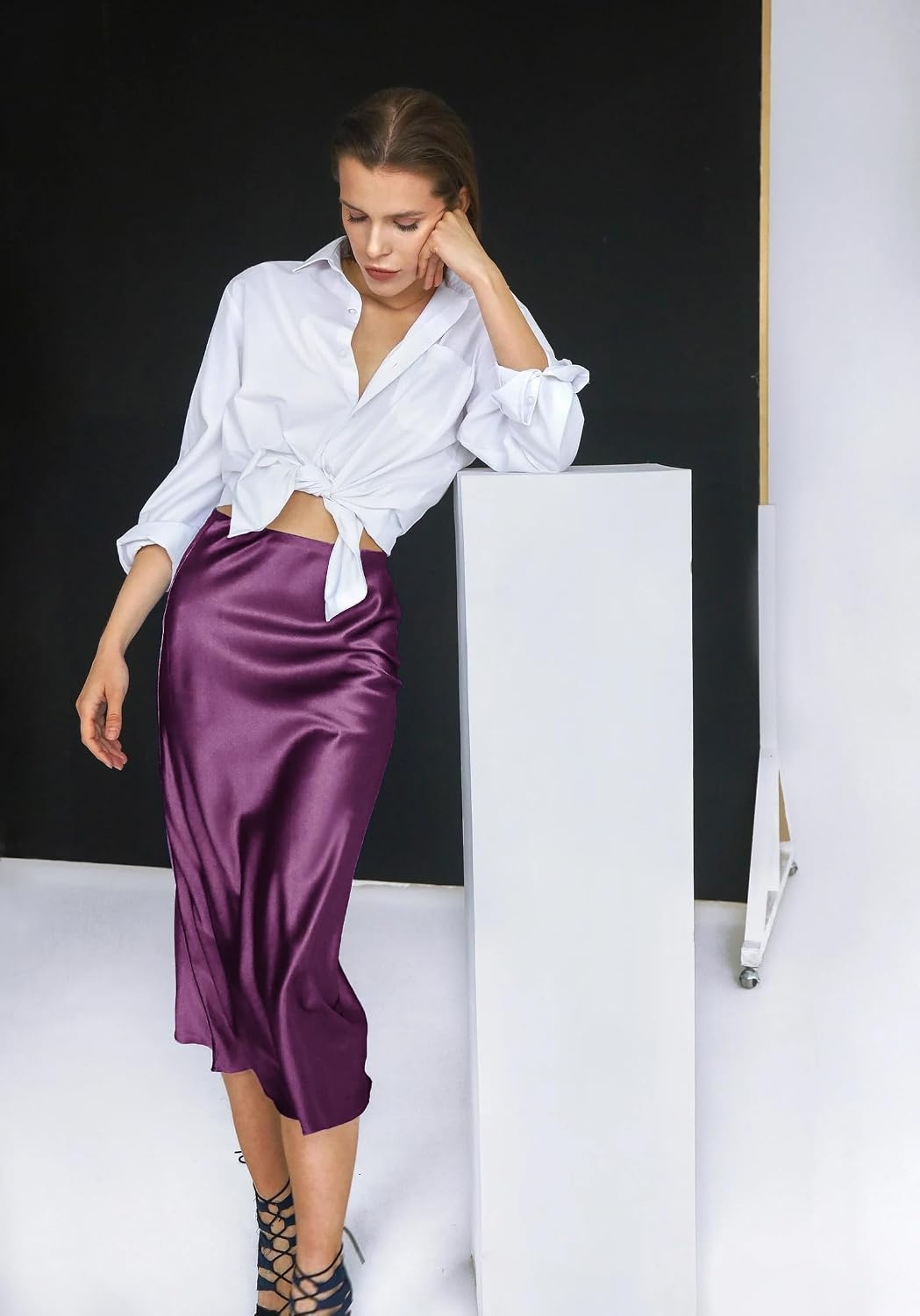 image:imageZeagoo Skirts for Women High Waist Skirt Elegant Midi Skirt SatinPurple01