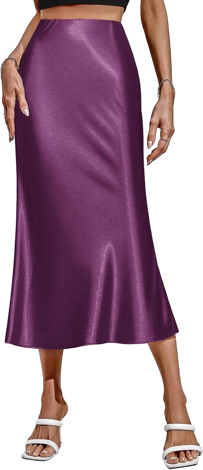 image:imageZeagoo Skirts for Women High Waist Skirt Elegant Midi Skirt SatinPurple01