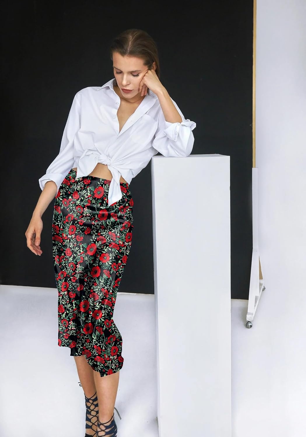 image:imageZeagoo Skirts for Women High Waist Skirt Elegant Midi Skirt SatinRed Floral