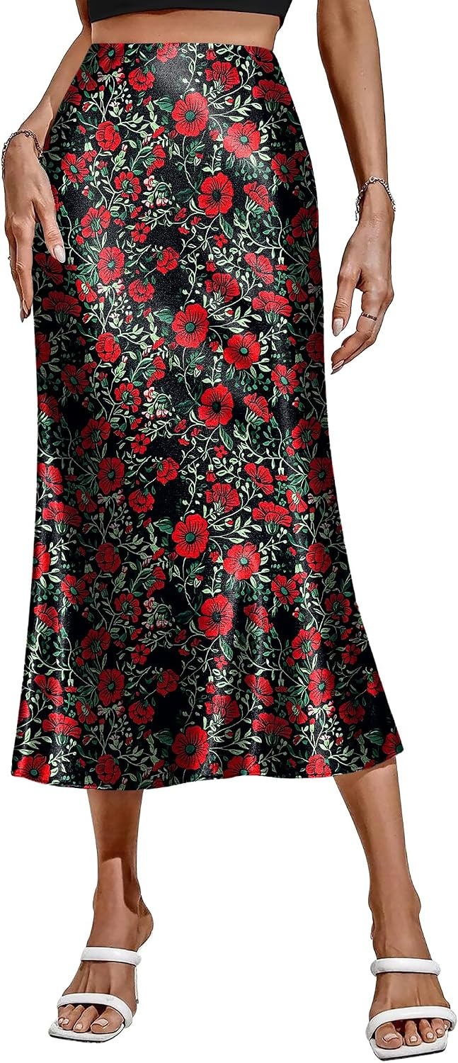 image:imageZeagoo Skirts for Women High Waist Skirt Elegant Midi Skirt SatinRed Floral