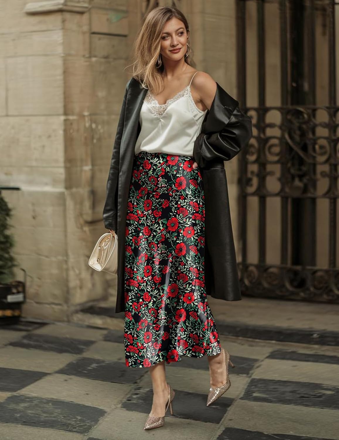 image:imageZeagoo Skirts for Women High Waist Skirt Elegant Midi Skirt SatinRed Floral