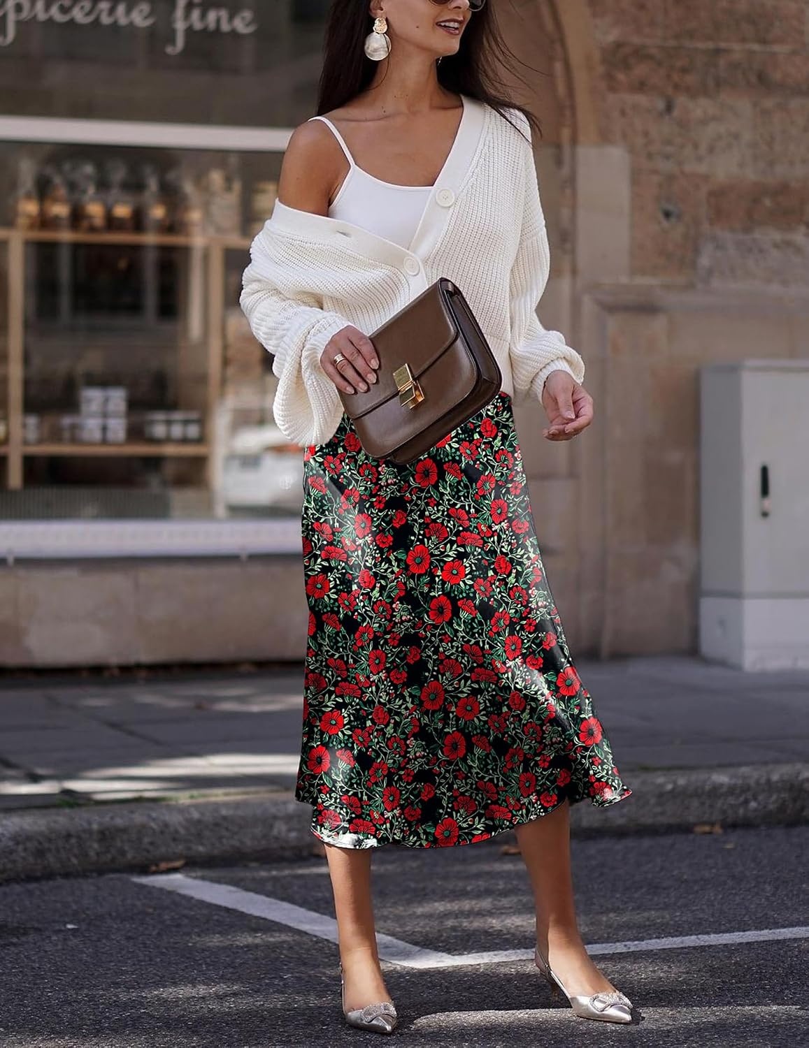 image:imageZeagoo Skirts for Women High Waist Skirt Elegant Midi Skirt SatinRed Floral