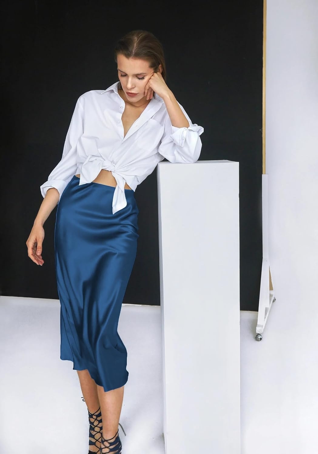 image:imageZeagoo Skirts for Women High Waist Skirt Elegant Midi Skirt SatinRoyal Blue