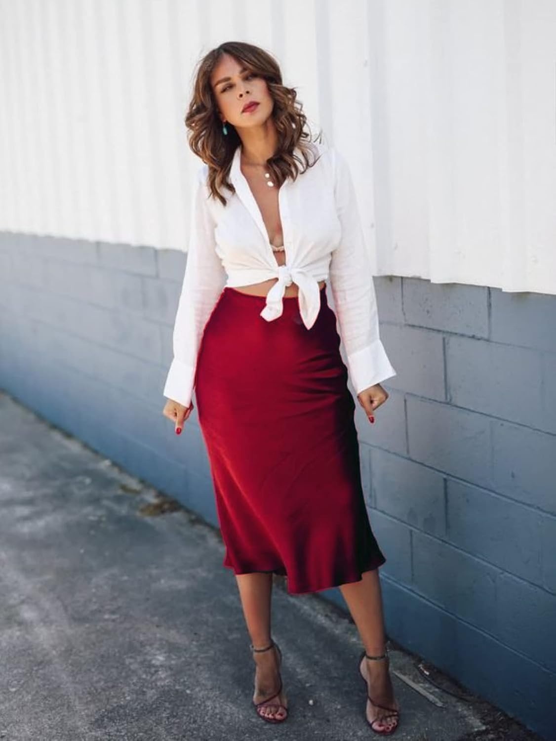 image:imageZeagoo Skirts for Women High Waist Skirt Elegant Midi Skirt SatinWine Red