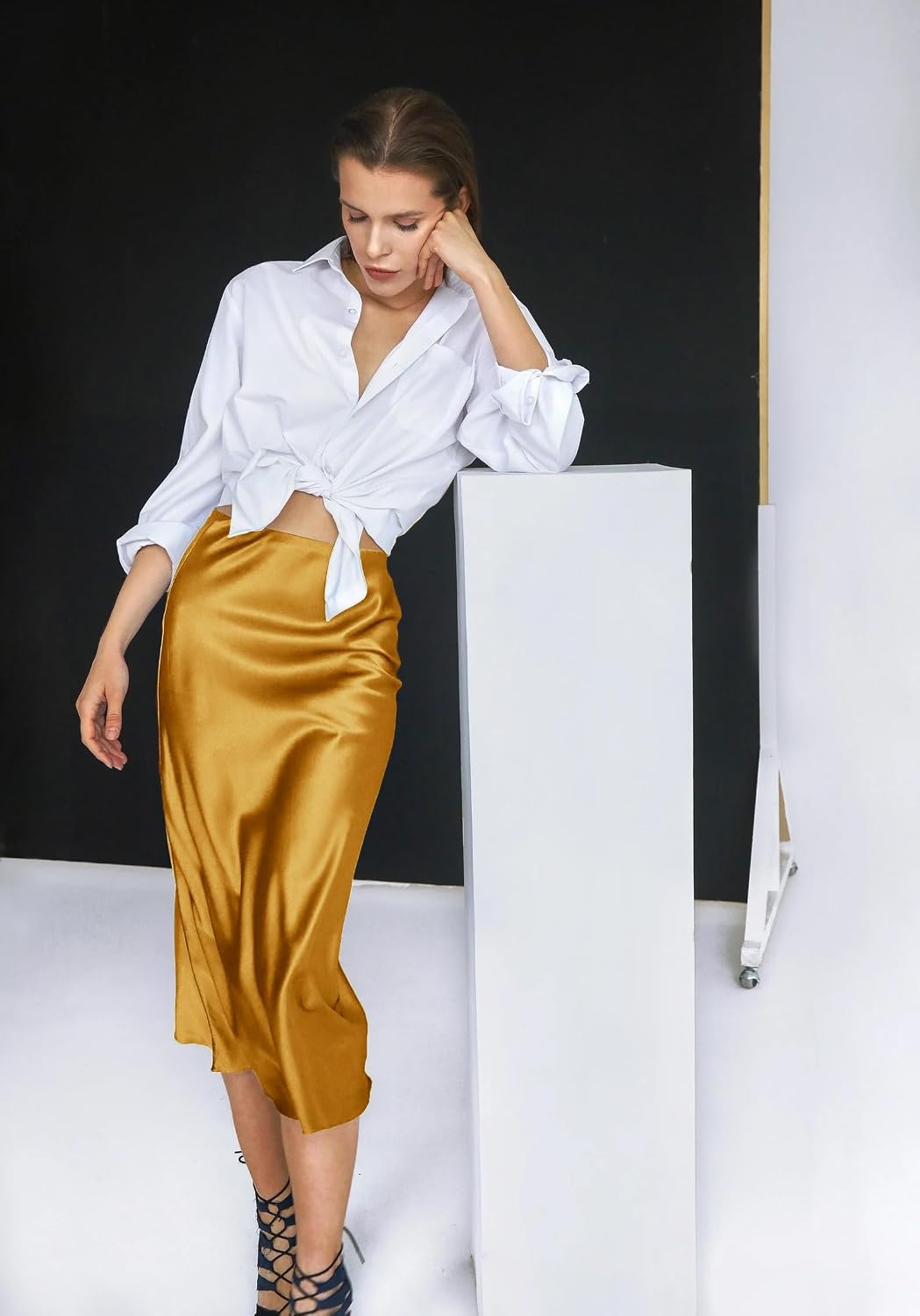 image:imageZeagoo Skirts for Women High Waist Skirt Elegant Midi Skirt SatinYellow