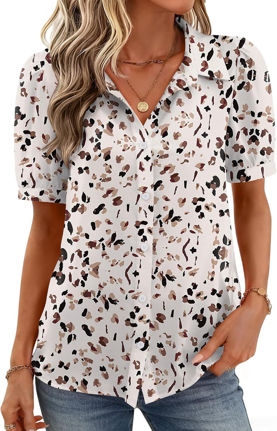 image:imageZeagoo Women Button Down Shirts Puff Short Sleeve Blouses Chiffon TopsApricotan443