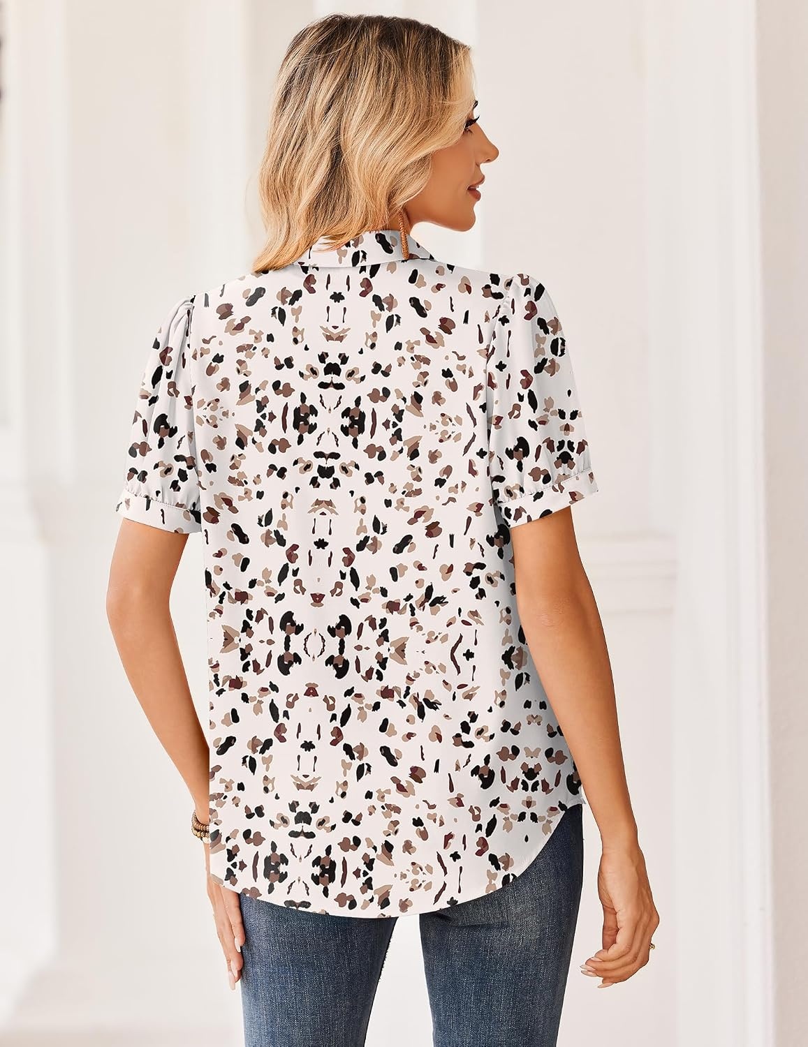 image:imageZeagoo Women Button Down Shirts Puff Short Sleeve Blouses Chiffon TopsApricotan443