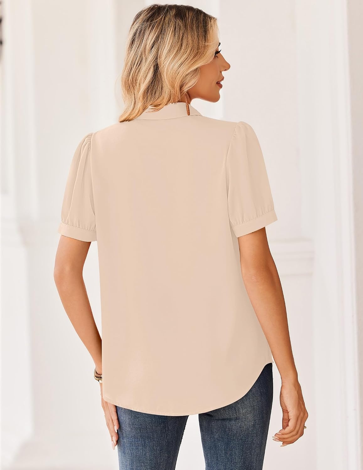 image:imageZeagoo Women Button Down Shirts Puff Short Sleeve Blouses Chiffon TopsBeigestb