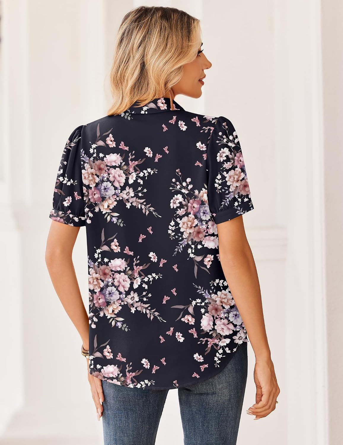 image:imageZeagoo Women Button Down Shirts Puff Short Sleeve Blouses Chiffon TopsBlack Pink Flowersbf332