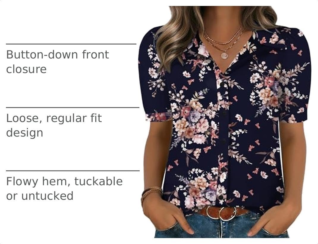 image:imageZeagoo Women Button Down Shirts Puff Short Sleeve Blouses Chiffon TopsBlack Pink Flowersbf332