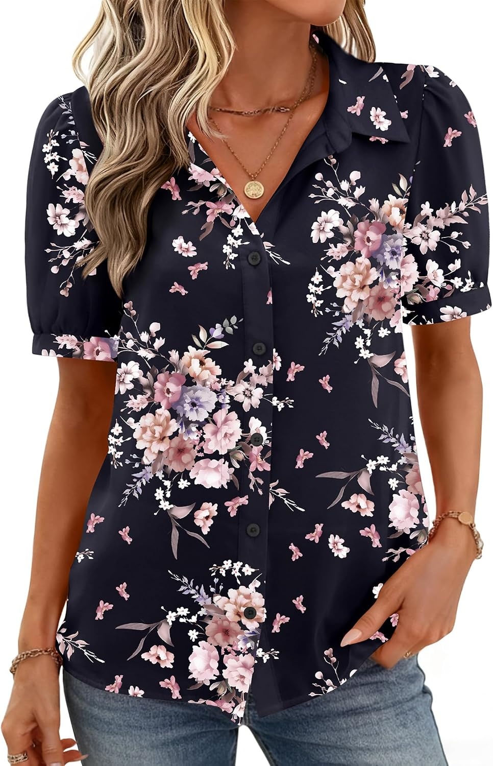 image:imageZeagoo Women Button Down Shirts Puff Short Sleeve Blouses Chiffon TopsBlack Pink Flowersbf332