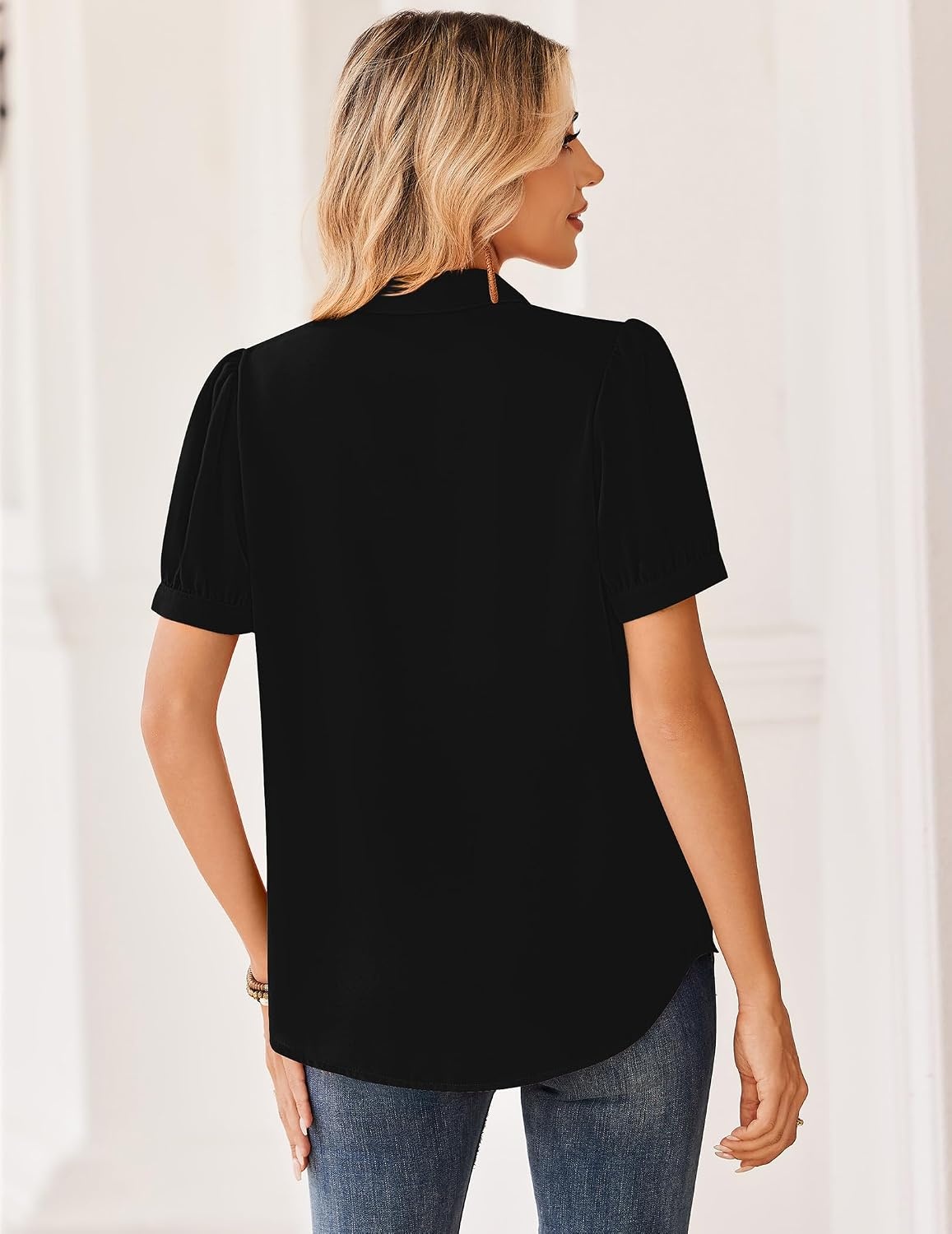 image:imageZeagoo Women Button Down Shirts Puff Short Sleeve Blouses Chiffon TopsBlackb