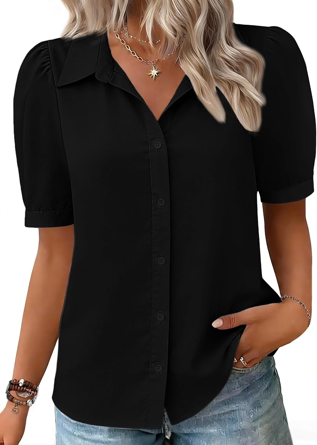 image:imageZeagoo Women Button Down Shirts Puff Short Sleeve Blouses Chiffon TopsBlackb