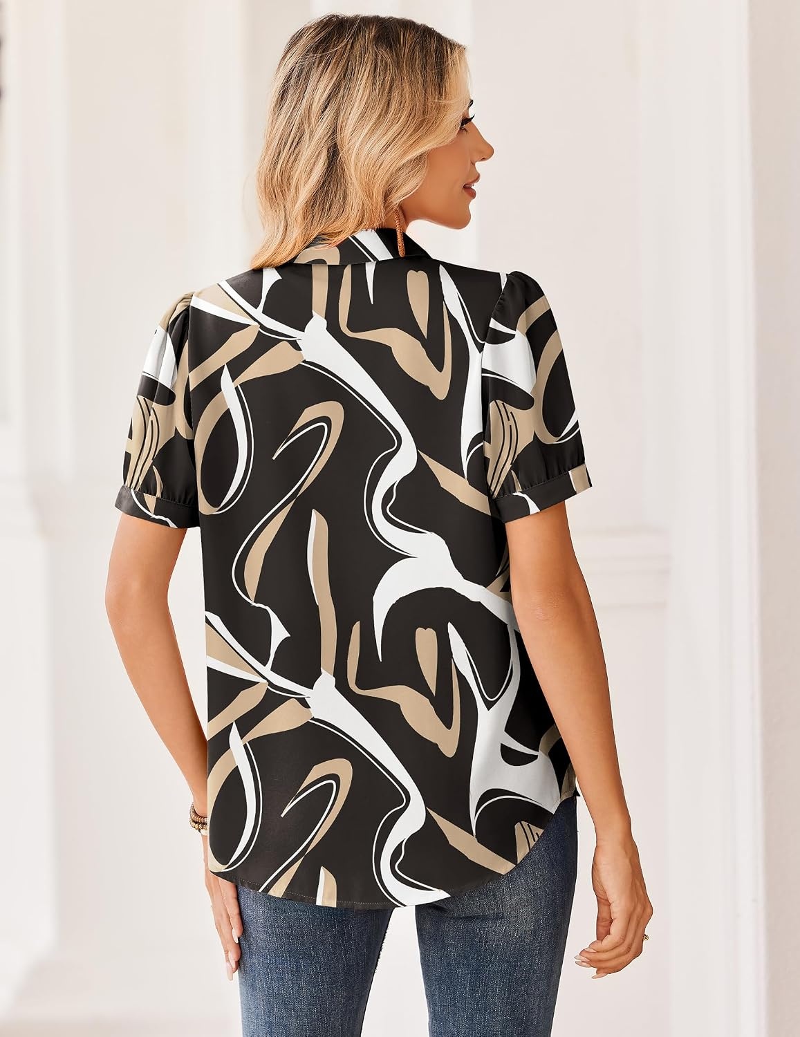 image:imageZeagoo Women Button Down Shirts Puff Short Sleeve Blouses Chiffon TopsBlackcx312