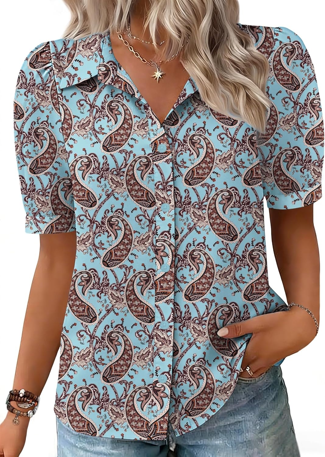 image:imageZeagoo Women Button Down Shirts Puff Short Sleeve Blouses Chiffon TopsBlue Bohomz899