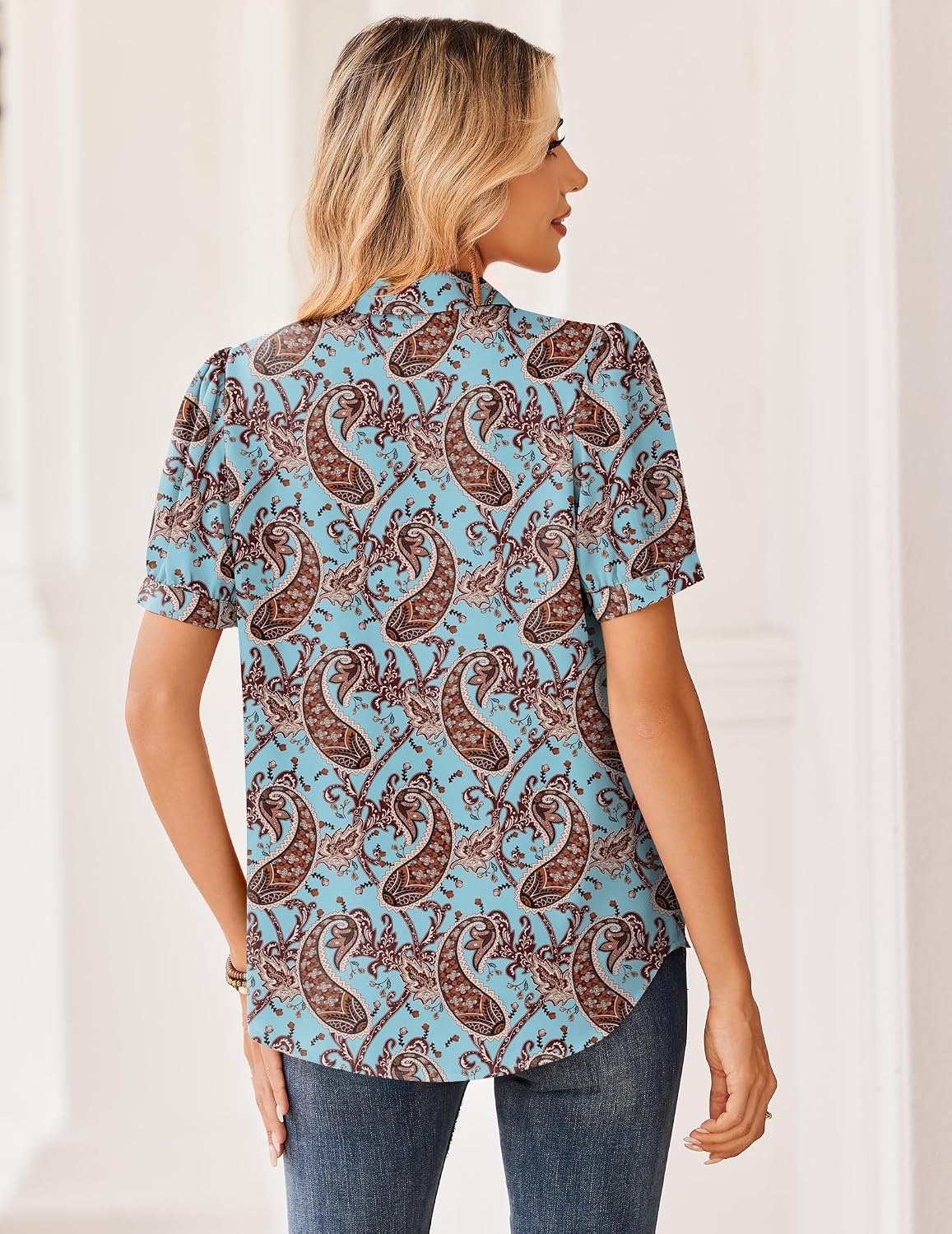 image:imageZeagoo Women Button Down Shirts Puff Short Sleeve Blouses Chiffon TopsBlue Bohomz899