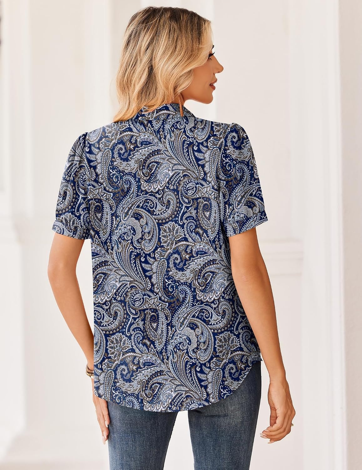image:imageZeagoo Women Button Down Shirts Puff Short Sleeve Blouses Chiffon TopsBohemiamz473