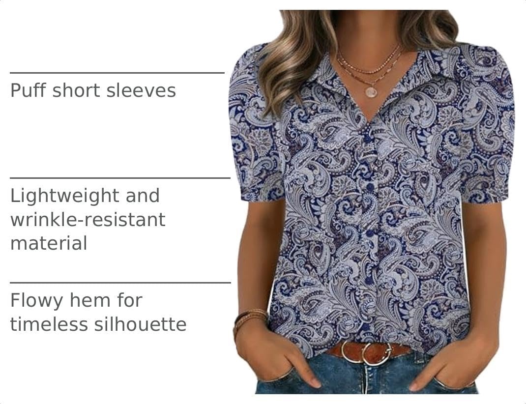 image:imageZeagoo Women Button Down Shirts Puff Short Sleeve Blouses Chiffon TopsBohemiamz473