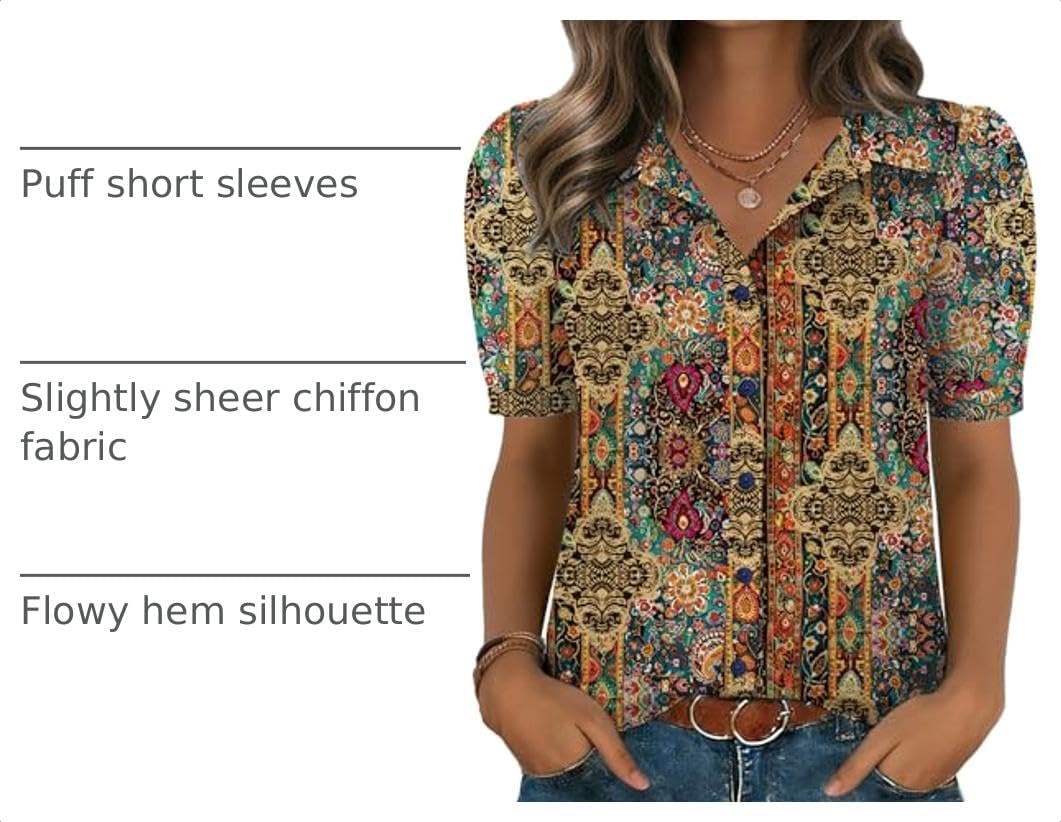 image:imageZeagoo Women Button Down Shirts Puff Short Sleeve Blouses Chiffon TopsBohomz721