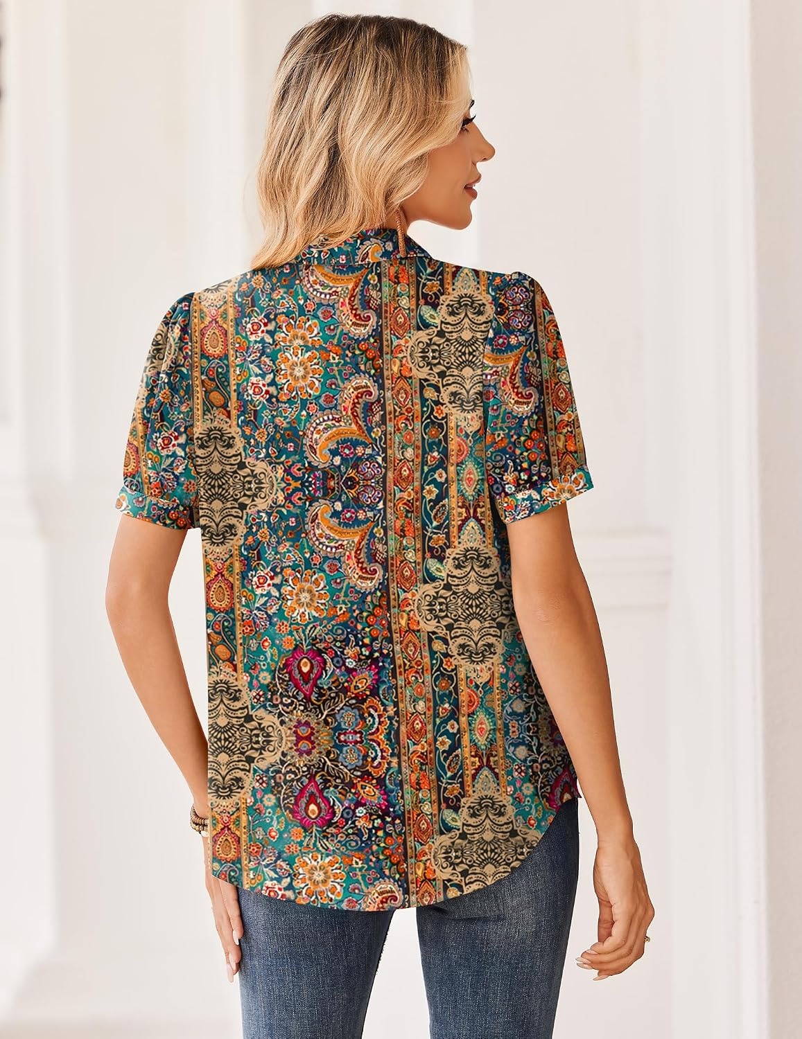 image:imageZeagoo Women Button Down Shirts Puff Short Sleeve Blouses Chiffon TopsBohomz721