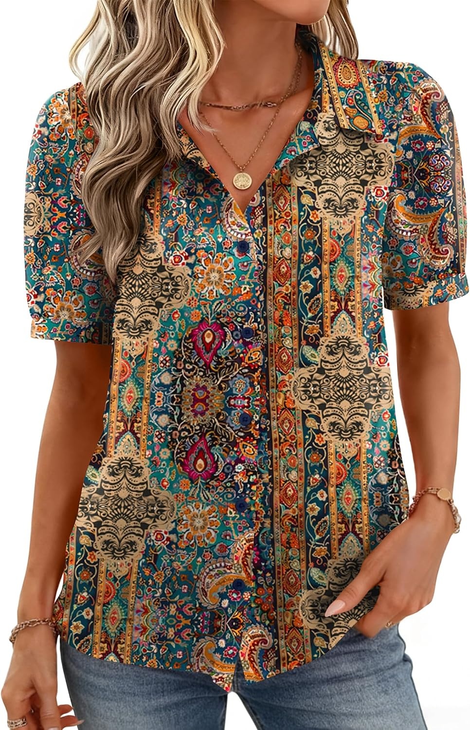image:imageZeagoo Women Button Down Shirts Puff Short Sleeve Blouses Chiffon TopsBohomz721