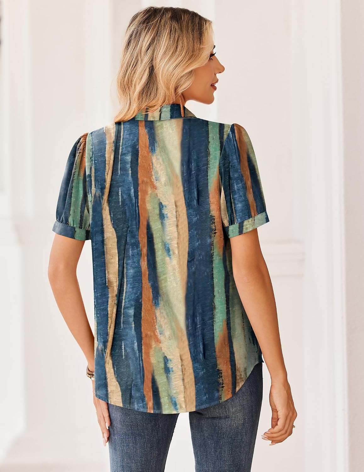 image:imageZeagoo Women Button Down Shirts Puff Short Sleeve Blouses Chiffon TopsMulticolorcx289